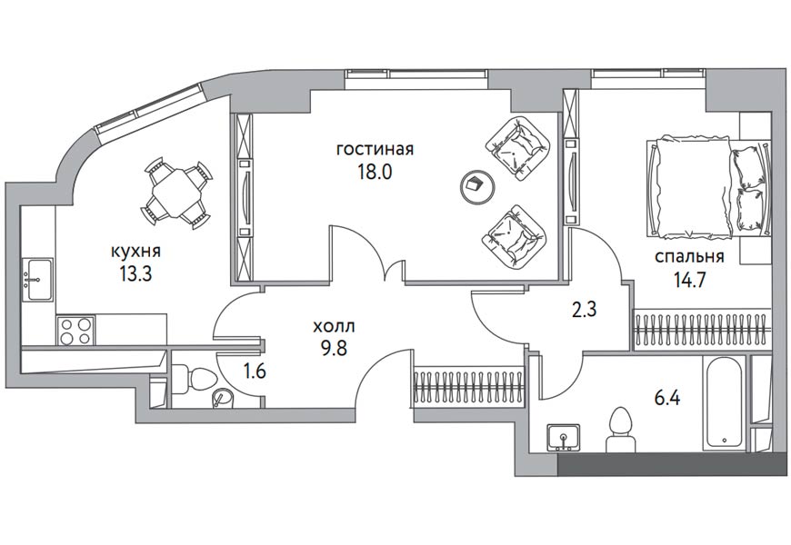 Пример планировки 2 комнатной квартиры